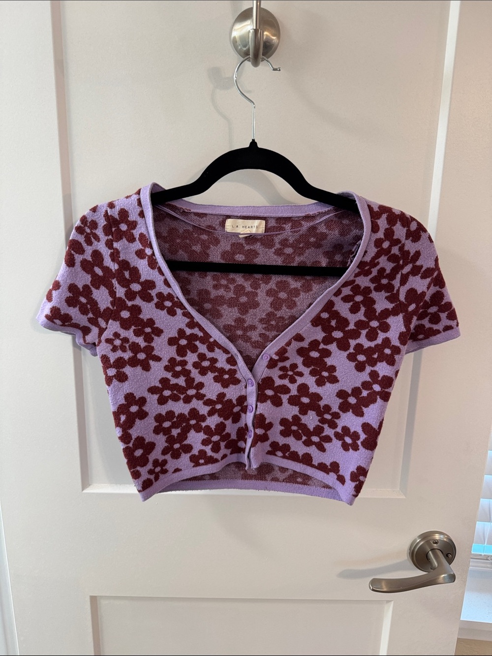 L.A. Hearts Y2K Aesthetic Floral Cropped Knit‎ Cardigan XS Lavender Maroon Daisy